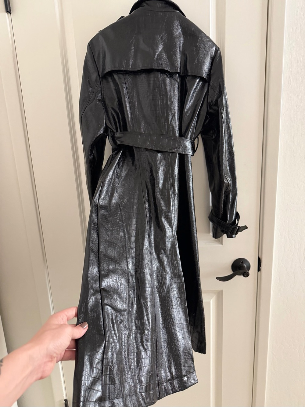 Nerazzurri Black Croc Embossed Faux Leather Trench Coat M